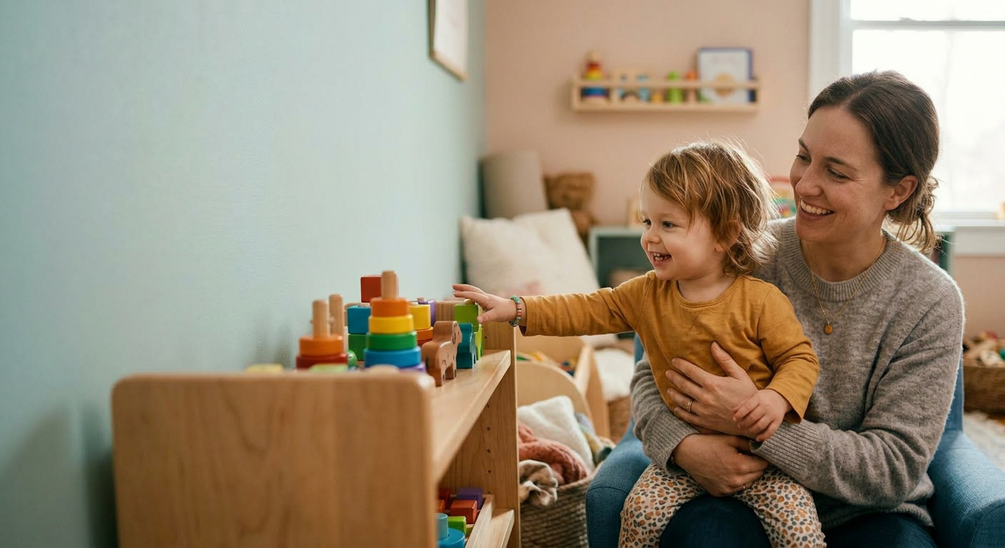 Mutter und Kind spielen gemeinsam mit Holzspielzeug